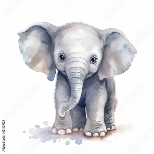 Generative AI   Playful and Innocent  Baby Elephant in Watercolor Delights on a White Background