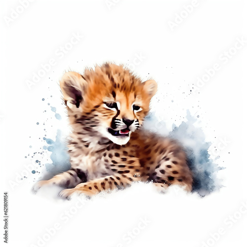Generative AI   Realistic Watercolor Clipart of a Cute Baby Cheetah - HD Close-Up Portrait on White Background