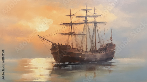Fotografiet brigantine ship sailboat seascape drawing art. Generative AI