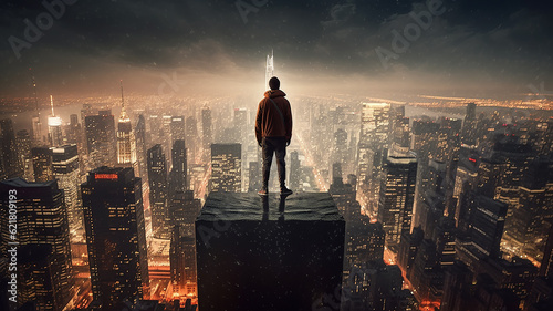 a man stands on the roof of a skyscraper overlooking the metropolis. Generative AI photo