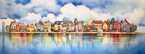 watercolor colorful houses reflected in the lake with clouds landscape panorama. Generative AI