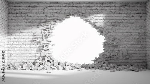 Fotografia hole in the black brick wall white light from the hole abstract background