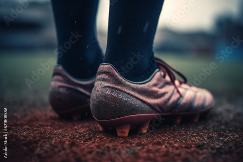Close-up of Athlete's Feet in Soccer Shoes, Training on the Football Field,ai generated