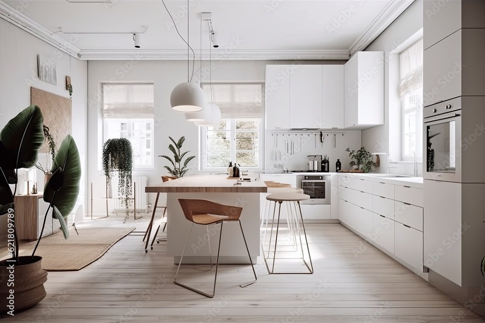 Contemporary minimalist interior design concept idea, all white modern Scandinavian kitchen project with island, stools and pendant lamps, cabinets and accessories,. Generative AI