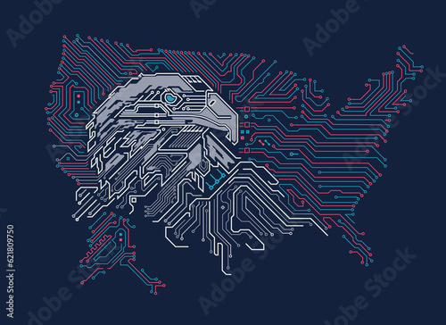 concept of USA tech war or united states technology, graphic of eagle combined with circuit board pattern with USA map