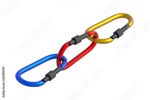 Chain of carabiners isolated on white background. 3d render