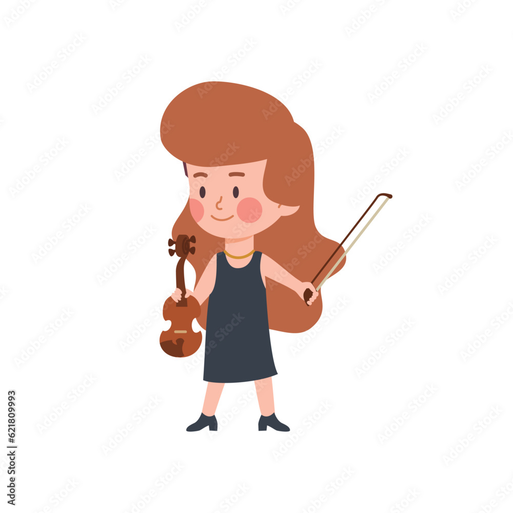 Cute happy kid girl in dress holding violin and bow flat style, vector illustration Cute happy kid girl in dress holding violin and bow flat style, vector illustration