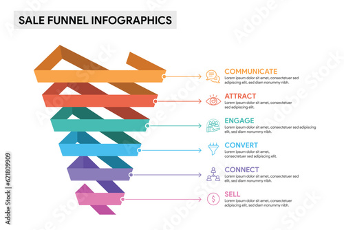 6 level sales funnel diagram concept. 3D Infographic template illustration for business.