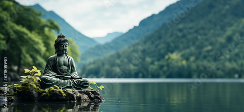 Buddha statue resting on a rock by a serene lake