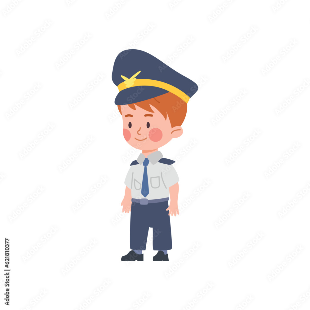 Cute little kid boy standing in pilot suit flat style, vector illustration