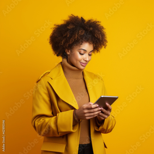Afro woman using the tablet on a yellow background. Generative AI.