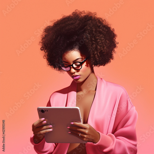 Afro woman using the tablet on a pink background. Generative AI.