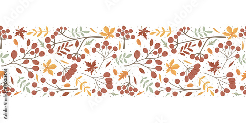 Vector horizontal seamless background with autumn leaves and berries. Seasonal fall banner design for greeting or promotion.