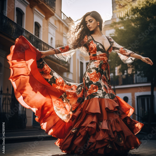 Woman with flamenco dress in Spain. Generative AI.