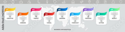 Vector modern infographics with nine rectangles. Business concept with graphic 9 steps and symbols for diagram, web, banner, presentations, flowchart, content, levels, chart, graphic, timeline