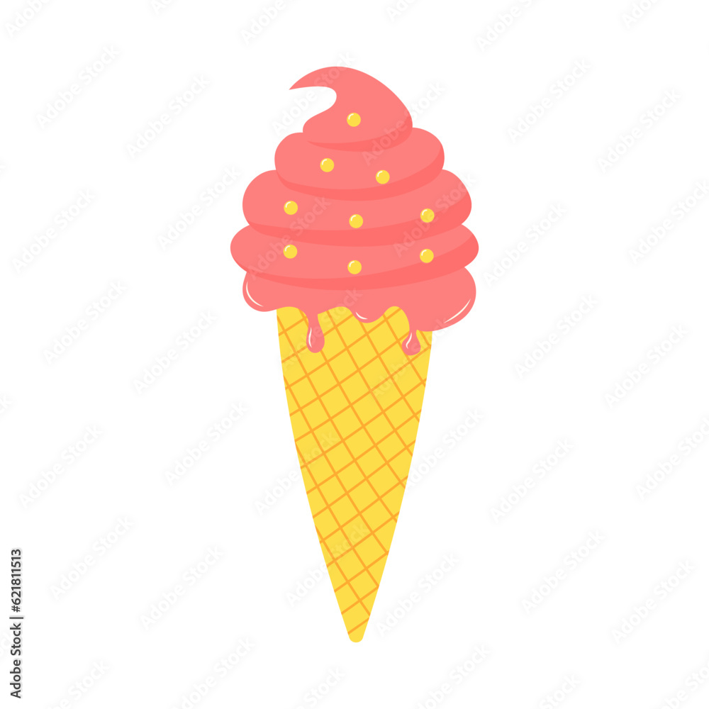 Melting ice cream in a waffle cone. Cartoon flat illustration isolated on white background.