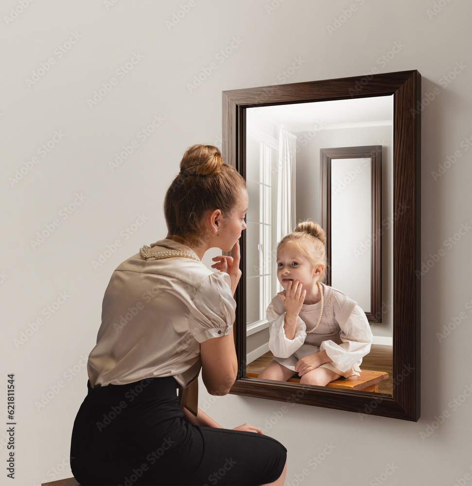 Creative Conceptual Collage Young Woman Looking In Mirror And Seeing