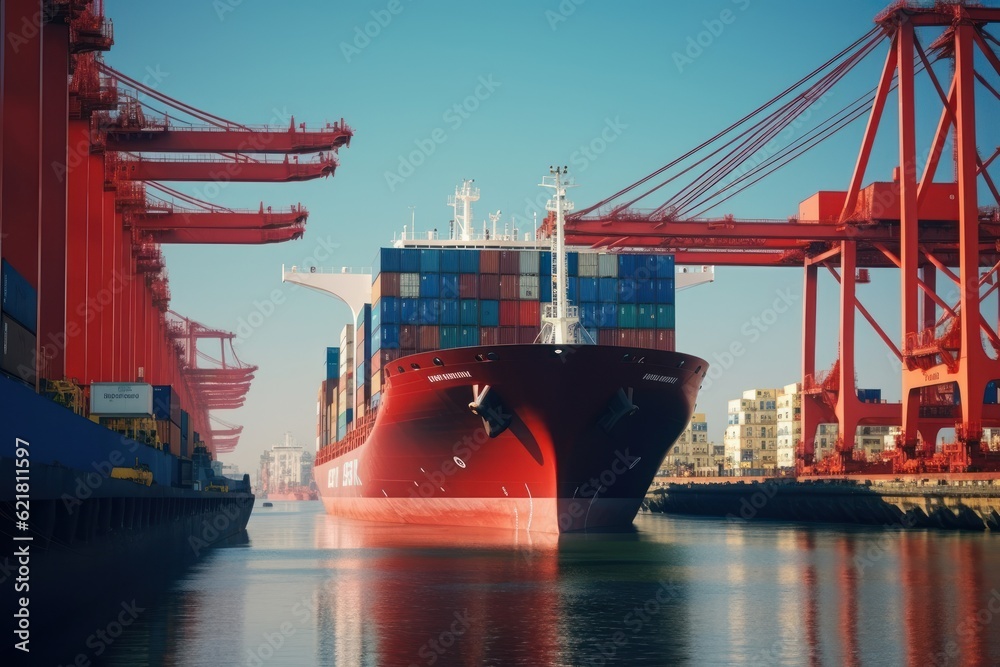 Fototapeta premium Container ship at the berth in cargo terminal of the port under loading. Port cranes load containers, place them in rows on the deck of the vessel. Global freight shipping concept. 3D illustration.