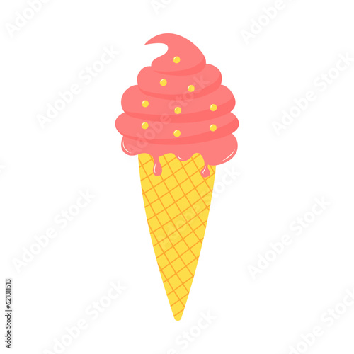 Melting ice cream in a waffle cone. Cartoon flat illustration isolated on white background.