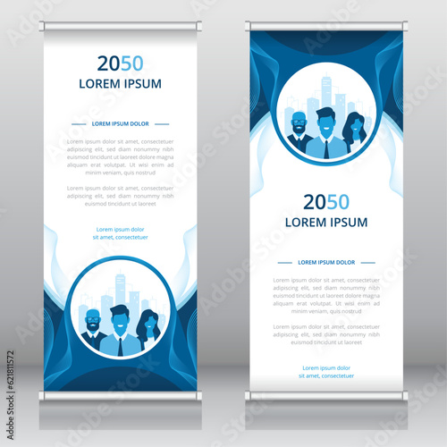 Professional roll up banner or retractable banner template with business people and cityscape artwork, Vertical signboard template, Trade show banner, Standee template, X-banner template, Flag banner