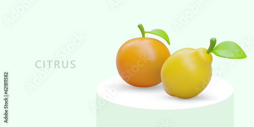 3D citrus fruits. Ripe lemon and orange with green leaf. Juicy summer natural food. Vector layout with color illustration, text. Advertising, header, sign