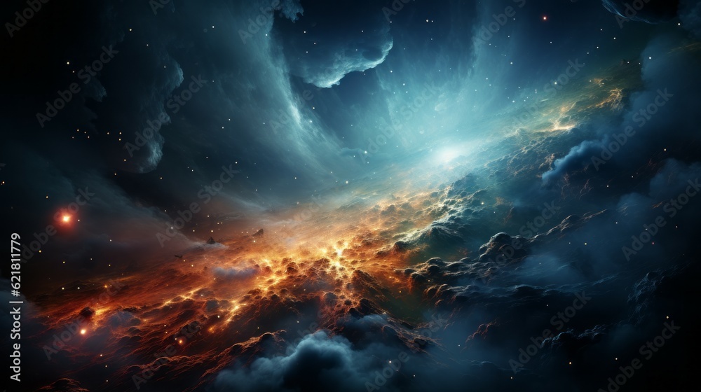 Fantasy landscape of fiery planet with glowing stars, nebulae, colorful massive clouds and falling asteroids. Digital artwork graphic, astrology magic.  Mystical burning Planet in space with asteroids