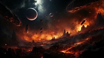 Fantasy landscape of fiery planet with glowing stars, nebulae, massive clouds and falling asteroids. Digital artwork graphic, astrology magic.  Mystical burning Planet in space with asteroids
