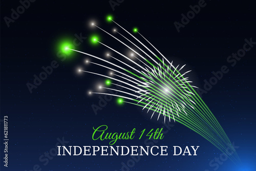 August 14, pakistan independence day, vector template with pakistani flag and colorful fireworks on blue night sky background. Pakistan national holiday august 14th. Independence day card