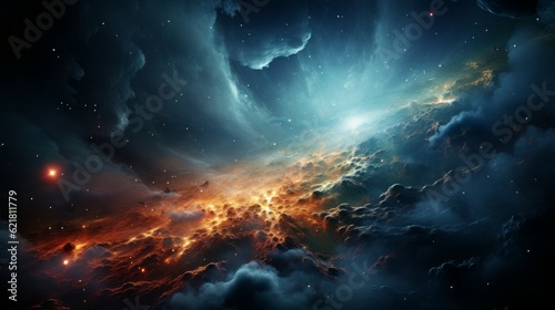Fantasy landscape of fiery planet with glowing stars  nebulae  colorful massive clouds and falling asteroids. Digital artwork graphic  astrology magic.  Mystical burning Planet in space with asteroids