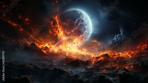 Fantasy landscape of fiery planet with glowing stars, nebulae, colorful massive clouds and falling asteroids. Digital artwork graphic, astrology magic. Mystical burning Planet in space with asteroids