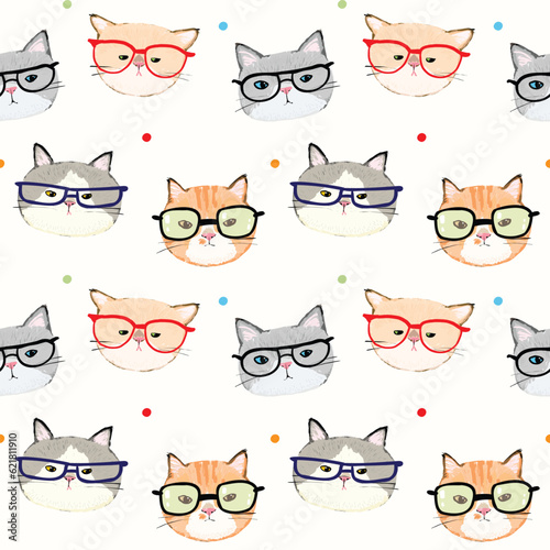 Seamless Pattern of Cartoon Cat Face with Glasses Design on Pale Yellow Background
