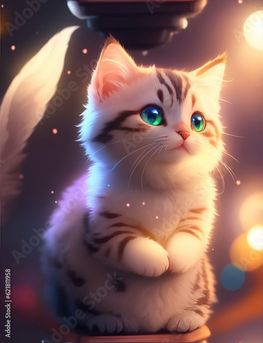 Cat with blue eyes bokeh background, generative ai