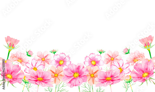 コスモスの花の水彩ボタニカルフレーム 