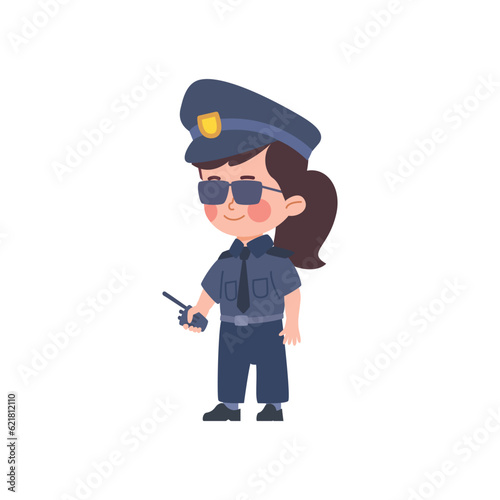 Funny child girl in dark glasses and police officer costume holding walkie-talkie