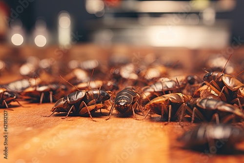 close-up of a lot of cockroaches infesting a house. Germanic cockroach and blatta orientalis, commonly known as the cockroach sign of dirt and filth, are widespread. AI-generated.