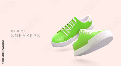 Realistic green sneakers. Cool youth shoes. Advertising marketing poster for online shoe store. Concept for manufacturer of sports shoes. Header for product category
