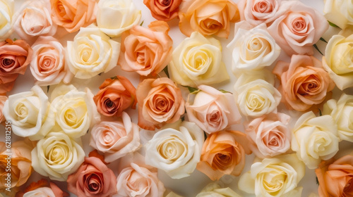 top view of orange and pink roses arranged in a row on white background. Generative AI.