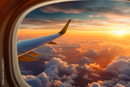 Wing of an airplane flying above the clouds at sunset, view from the window. Travel content. Generative AI. photo