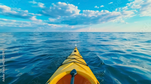 Kayak in the sea on a background of blue sky with clouds. Travel content. Generative AI. © bad_jul
