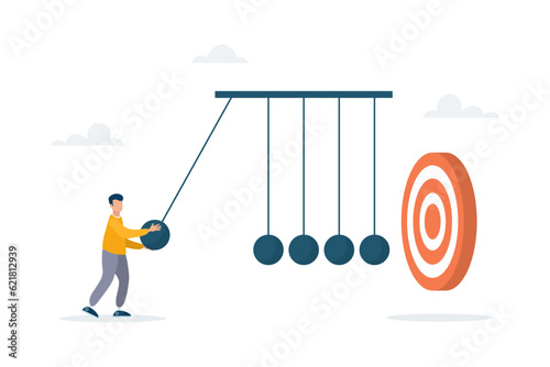 A young guy uses a newton's cradle to hit the target, the impact on success. The concept of achieving the goal. Vector flat style illustration.
