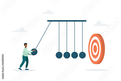 A young guy uses a newton's cradle to hit the target, the impact on success. The concept of achieving the goal. Vector flat style illustration.
