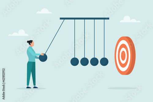 A young girl uses a newton's cradle to hit the target, the impact on success. The concept of achieving the goal. Vector flat style illustration.

