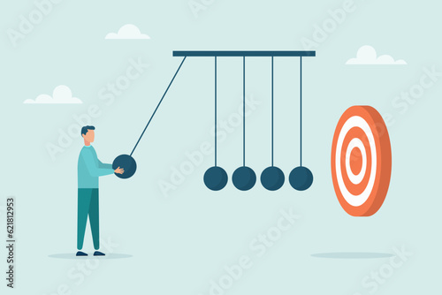 A young guy uses a newton's cradle to hit the target, the impact on success. The concept of achieving the goal. Vector flat style illustration.
