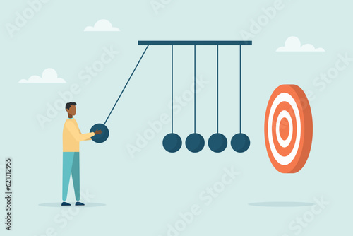 A young guy uses a newton's cradle to hit the target, the impact on success. The concept of achieving the goal. Vector flat style illustration. 