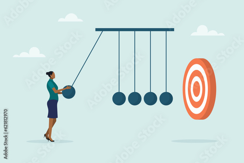 A young girl uses a newton's cradle to hit the target, the impact on success. The concept of achieving the goal. Vector flat style illustration.
