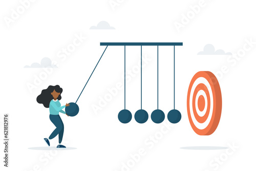 A young girl uses a newton's cradle to hit the target, the impact on success. The concept of achieving the goal. Vector flat style illustration.
