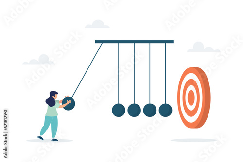 A young girl uses a newton's cradle to hit the target, the impact on success. The concept of achieving the goal. Vector flat style illustration.
