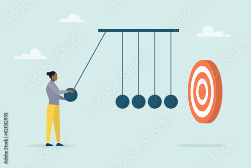 A young girl uses a newton's cradle to hit the target, the impact on success. The concept of achieving the goal. Vector flat style illustration.
