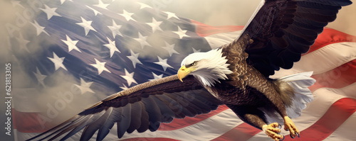 Bald Eagle fly with American flag, generative ai
