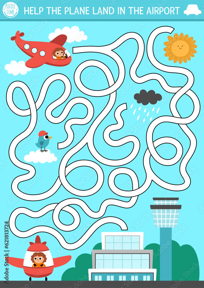 Obraz premium Transportation maze for kids with city landscape and airplane. Urban transport preschool printable activity. Labyrinth game or puzzle with aircraft and pilot. Help the plane land in the airport.